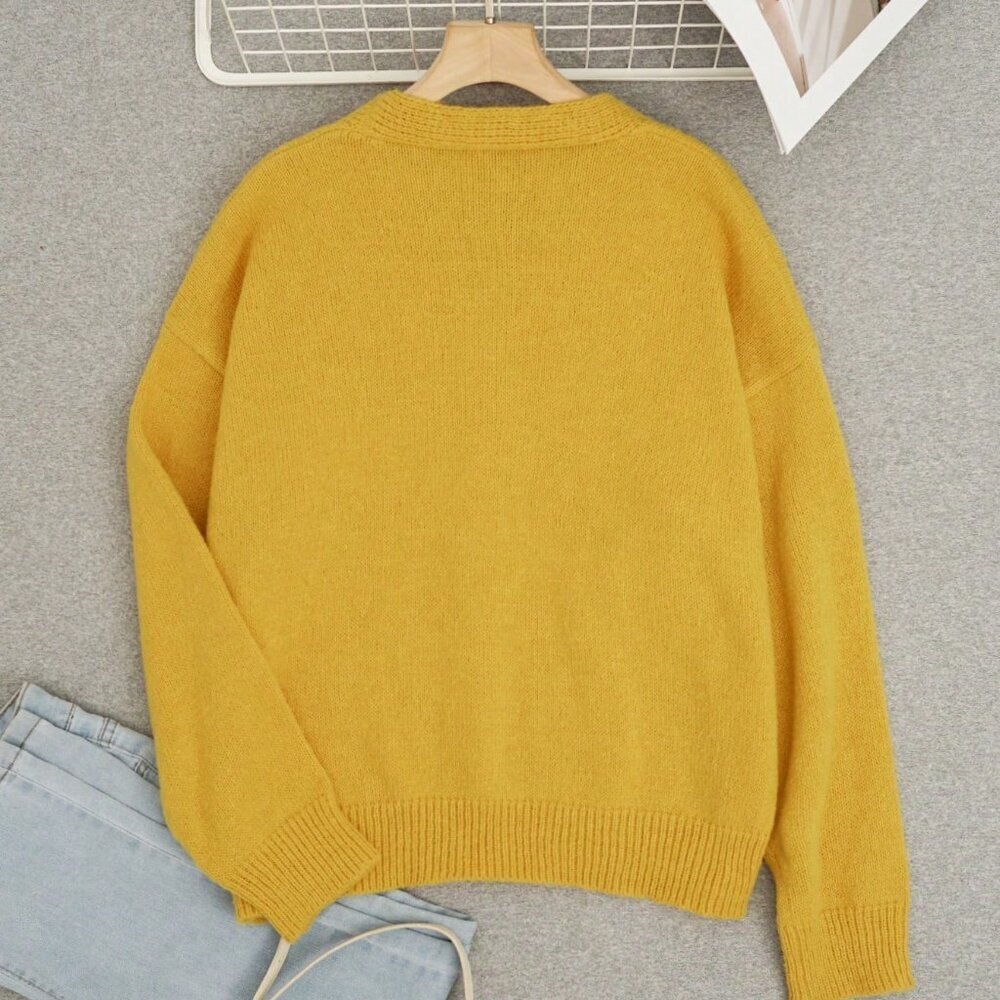 Yellow Casual Streetwear Women's Sweater Cardigan V Neck - Picture 3 of 3